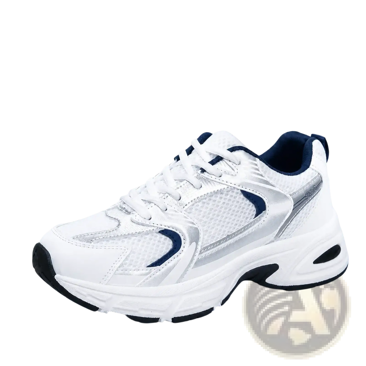 Waterproof pu leather women’s fashion sneaker in white and navy blue with mesh, synthetic overlays, and chunky sole