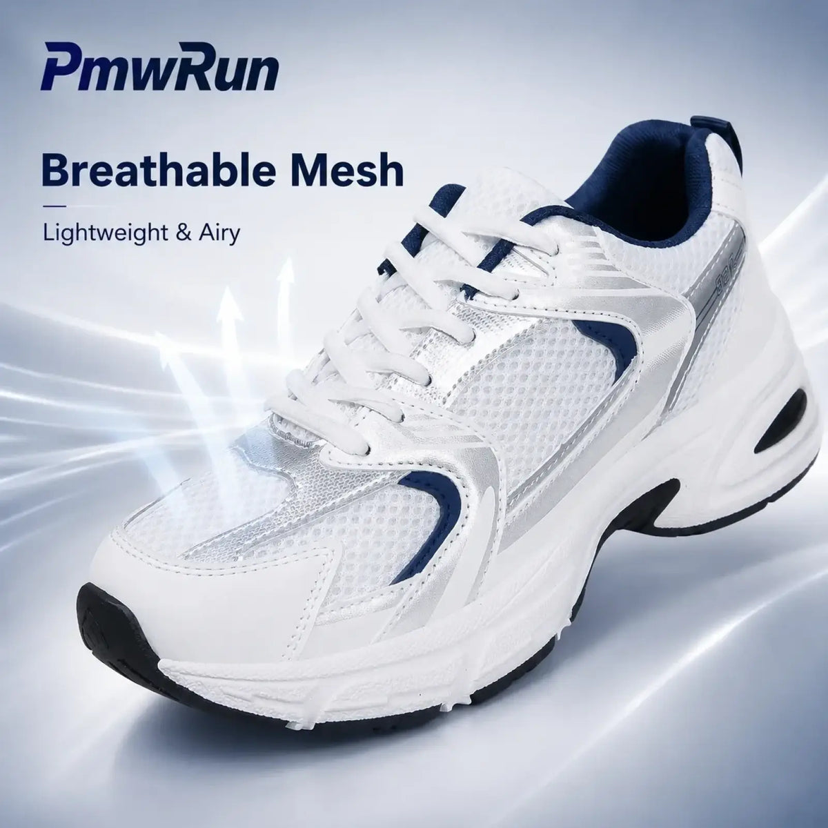 Waterproof pu leather women’s fashion sneakers in white and navy blue with breathable mesh upper and chunky sole