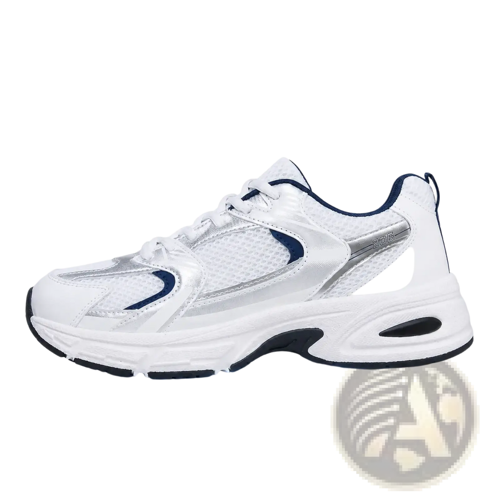 Waterproof pu leather women’s fashion sneakers with white and navy blue pmwrun design and silver mesh upper