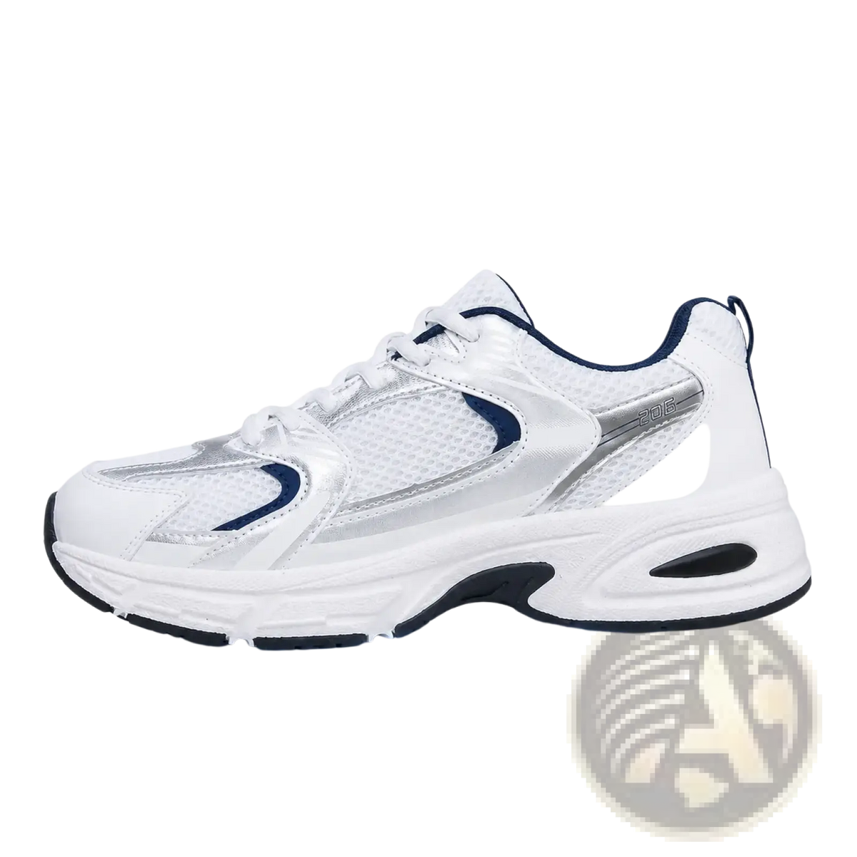 Waterproof pu leather women’s fashion sneakers with white and navy blue pmwrun design and silver mesh upper