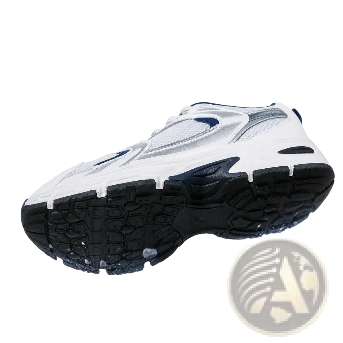 White and navy blue pmwrun waterproof pu leather women’s fashion sneakers with chunky textured rubber outsole for strong grip