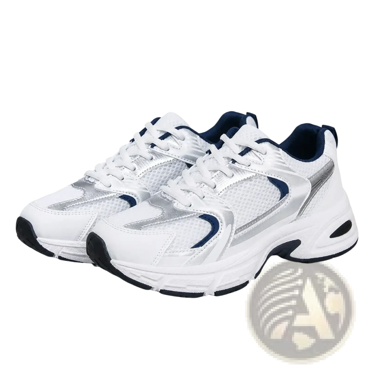 White and silver pmwrun waterproof pu leather women’s fashion sneakers with navy mesh upper and chunky sole
