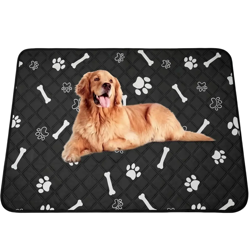 Black quilted waterproof pet bed mat with golden retriever and bone paw print patterns for furniture protection