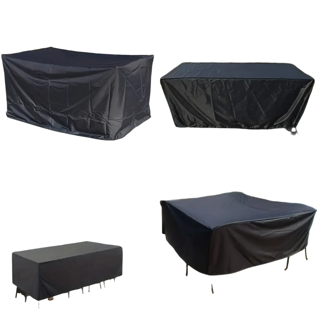 Black waterproof rectangular patio furniture cover made of polyester with reinforced seams and adjustable ties l d h contact customer service