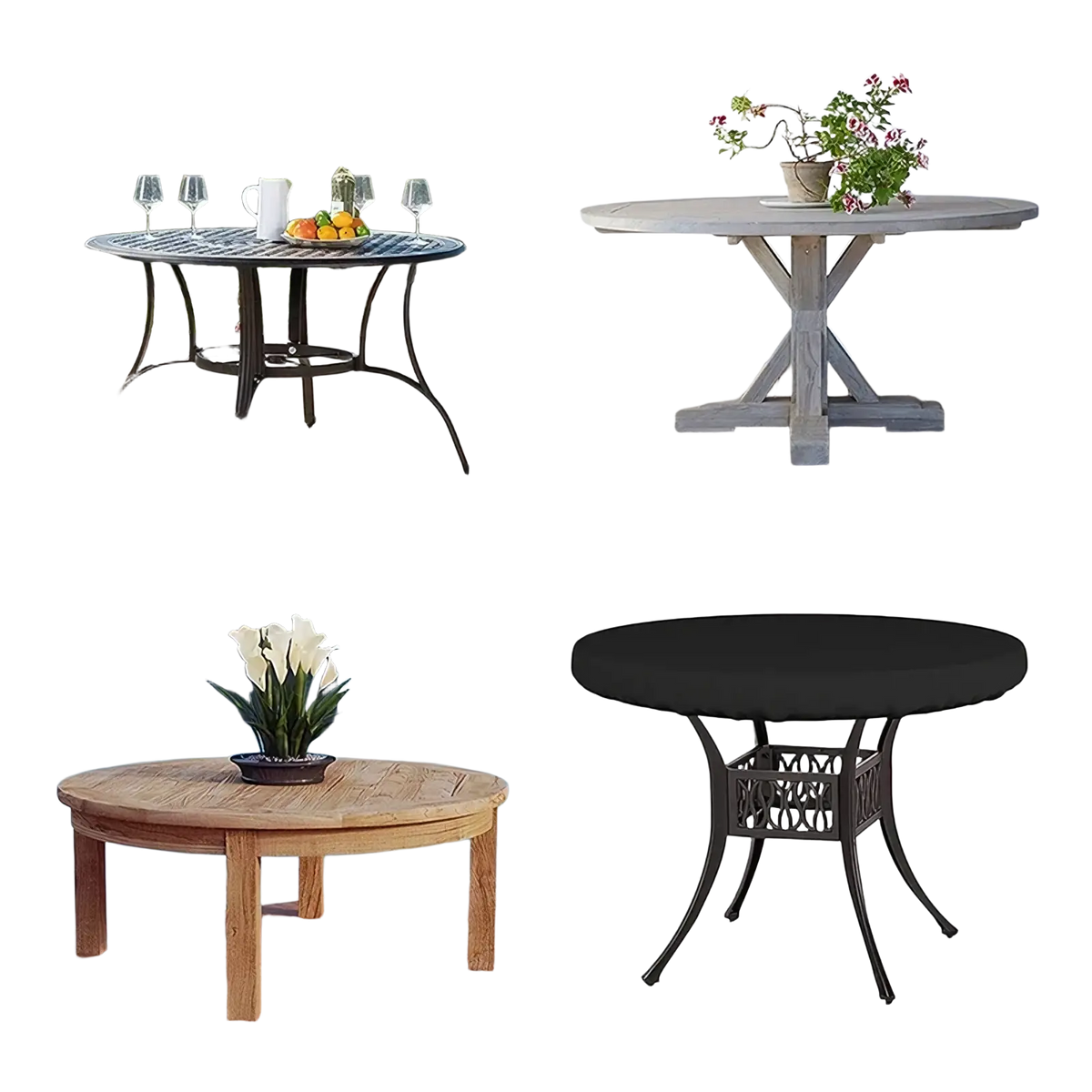 Black waterproof round outdoor garden table cover with smooth fitted design over ornate metal base