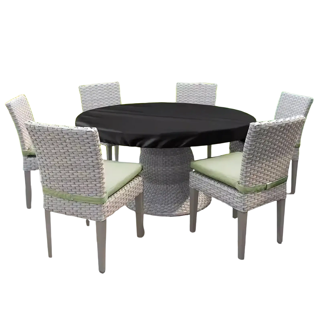 Black round outdoor garden table cover made of waterproof material for protecting garden tables from weather elements