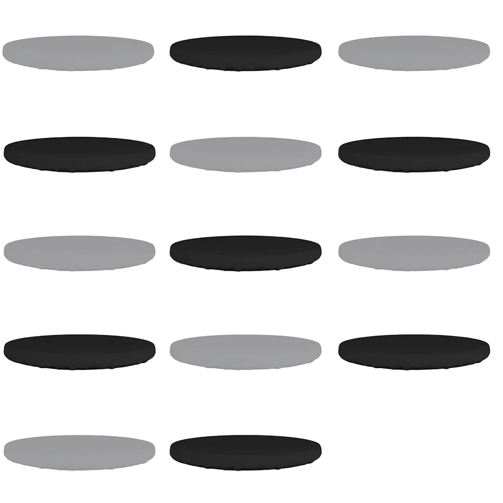 Waterproof round outdoor garden table cover with black and gray oval-shaped cushion covers in various sizes displayed