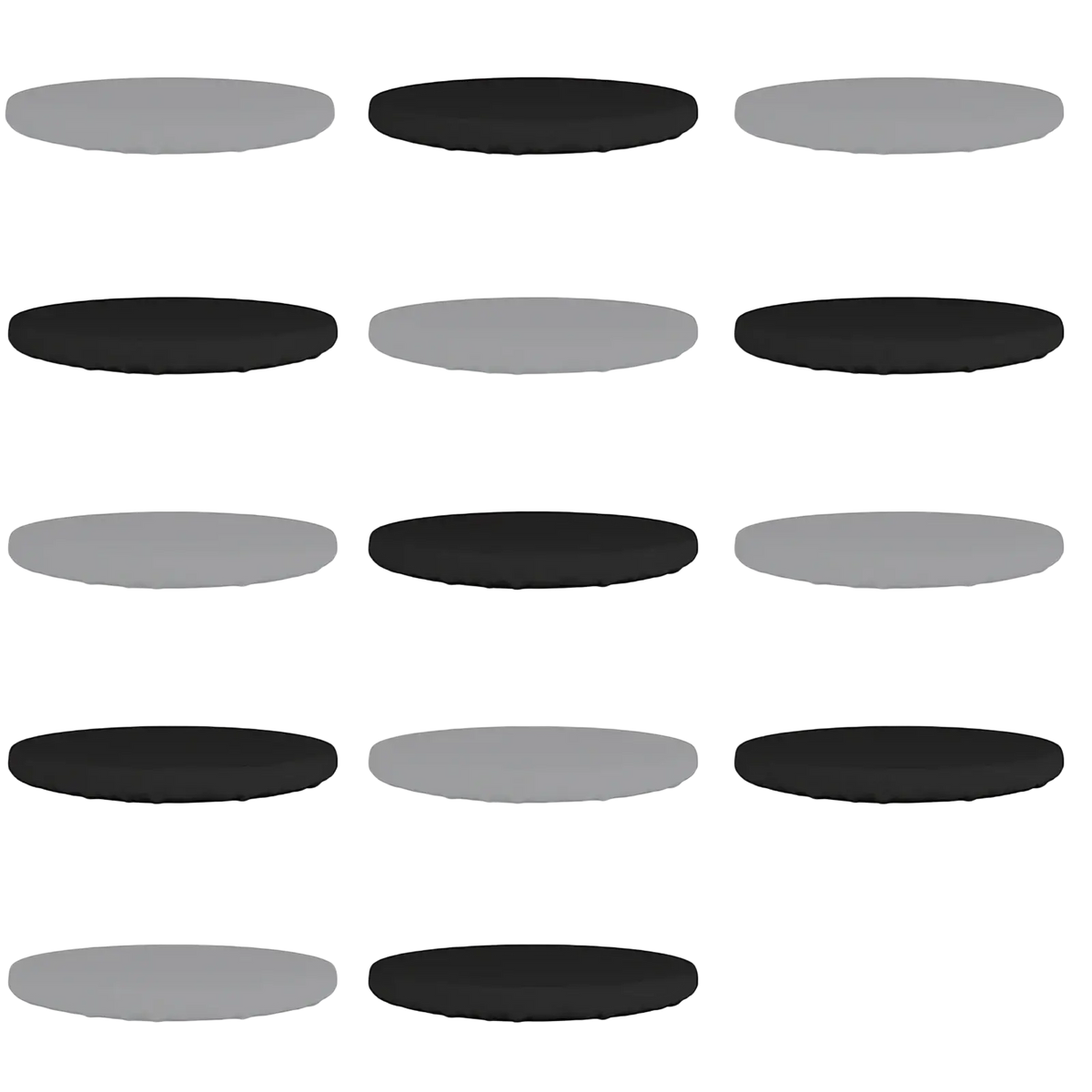 Waterproof round outdoor garden table cover with black and gray oval-shaped cushion covers in various sizes displayed