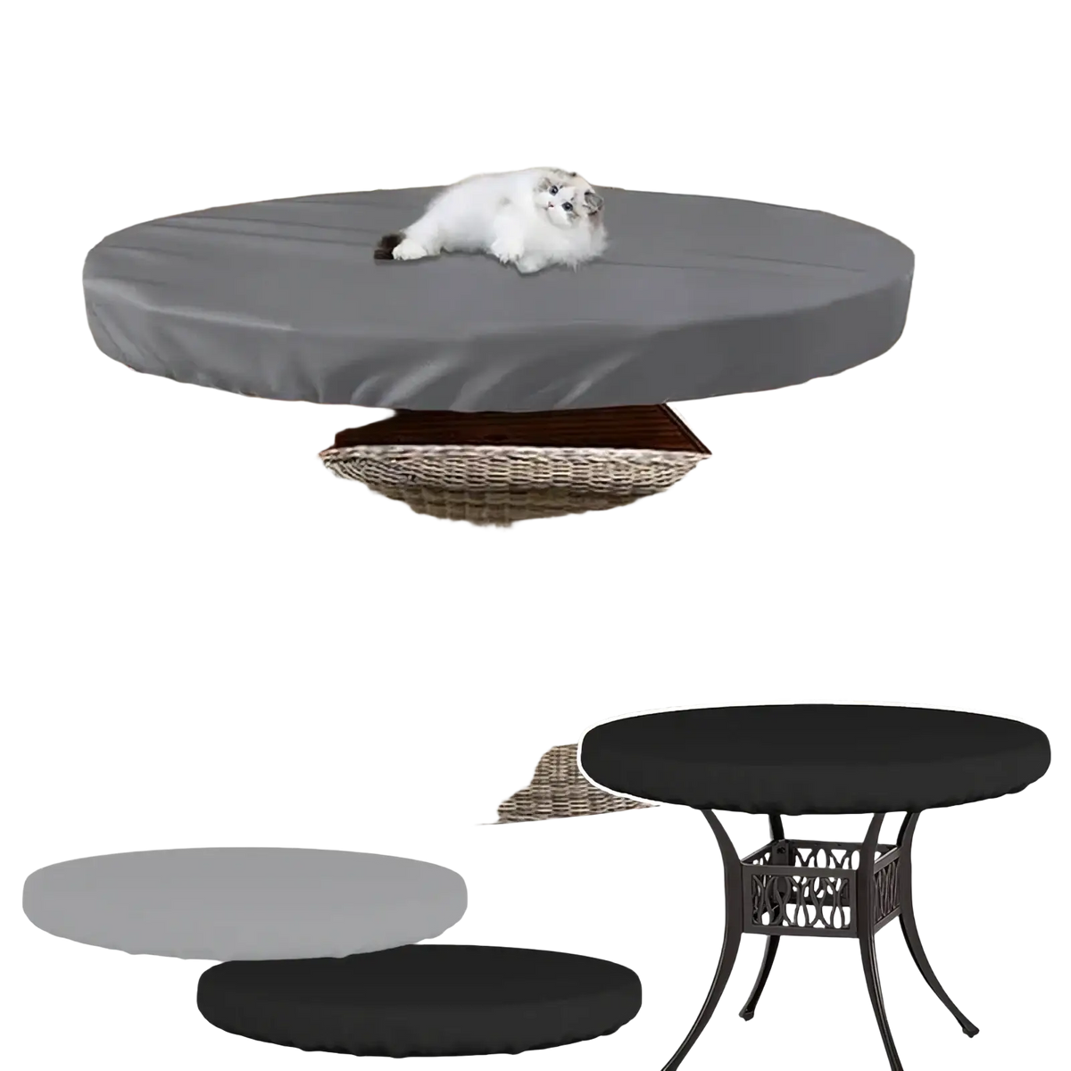 Waterproof gray round outdoor garden table cover with soft fabric texture and slight sheen