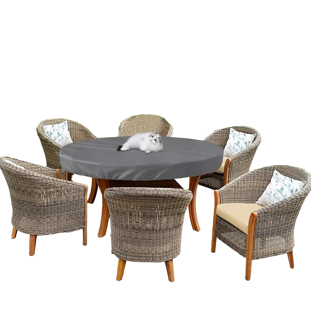Waterproof round outdoor garden table cover in gray with soft textured fabric draping smoothly over dining set