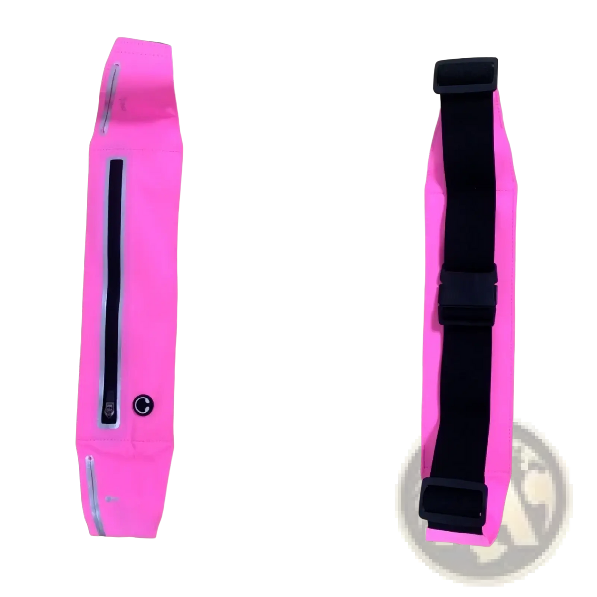 Bright pink waterproof running belt with black zipper and adjustable strap designed as an anti-theft fitness pouch