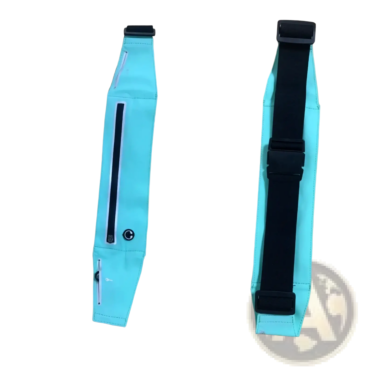 A turquoise waterproof running belt with black adjustable straps and a front zippered pocket for fitness use