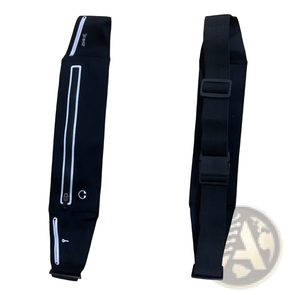Black waterproof running belt with white zipper accents and adjustable strap for anti-theft fitness use