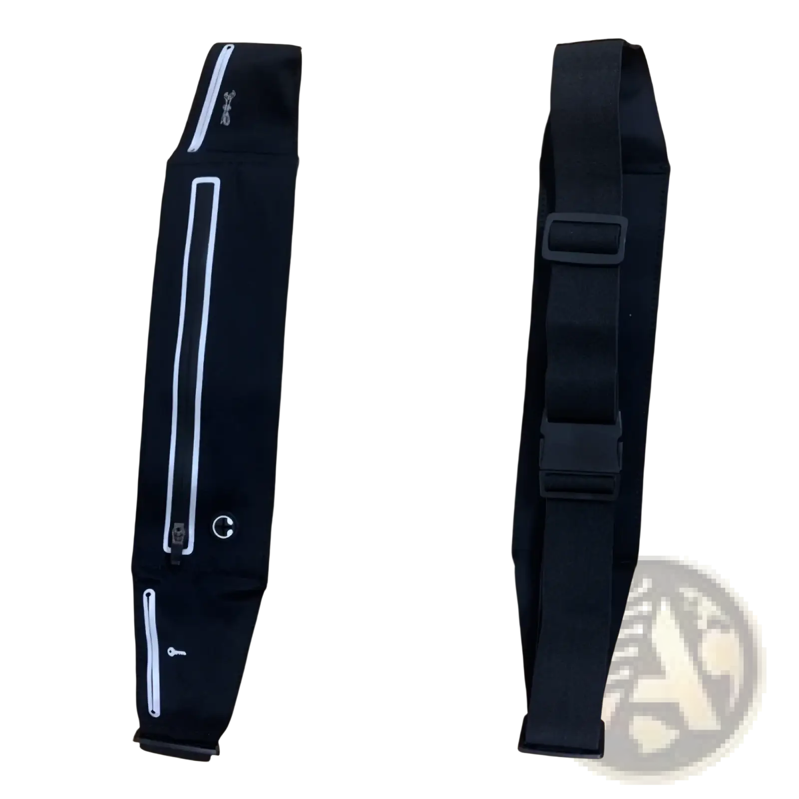 Black waterproof running belt with white zipper accents and adjustable strap for anti-theft fitness use