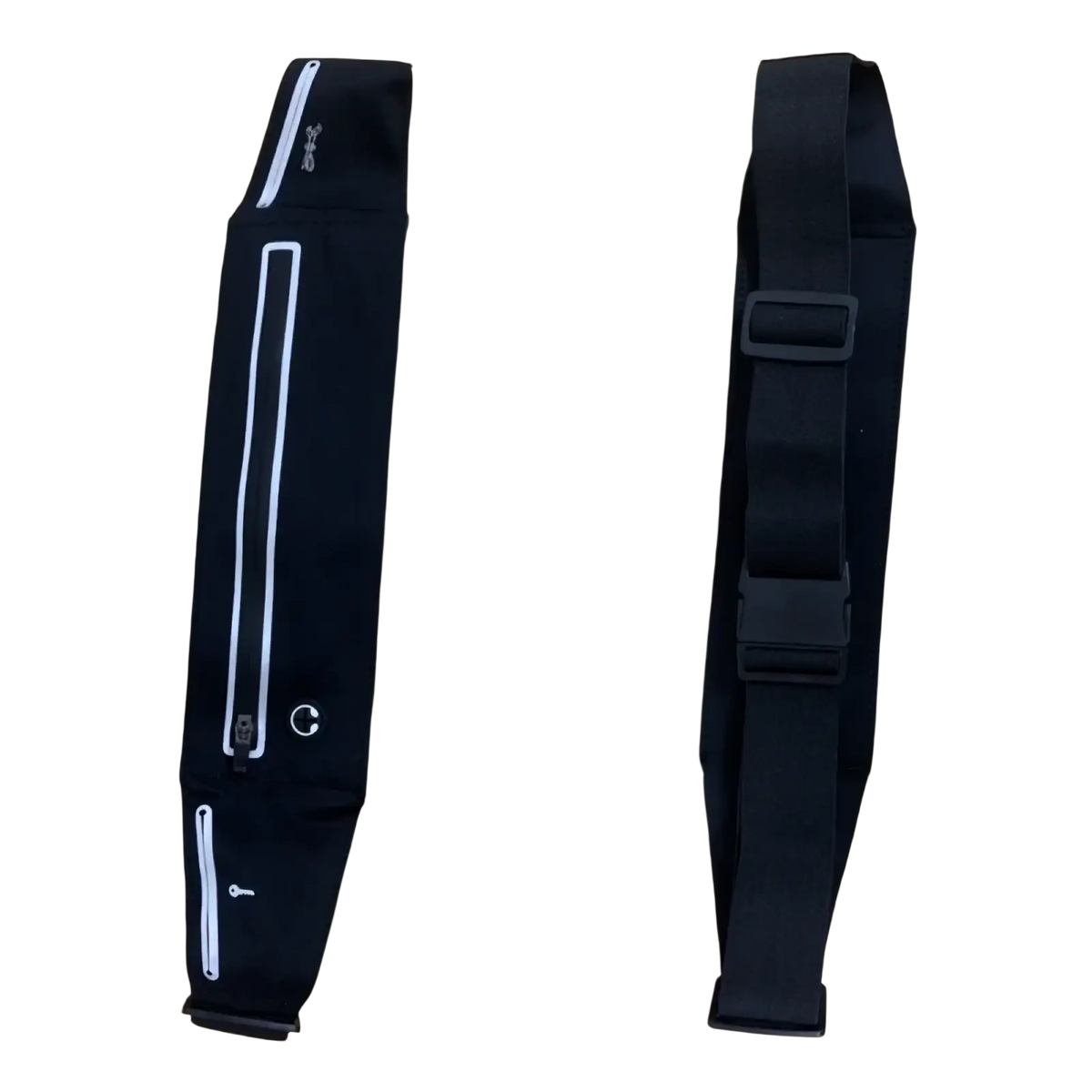 Black waterproof running belt with white zipper accents and adjustable strap for anti-theft fitness use