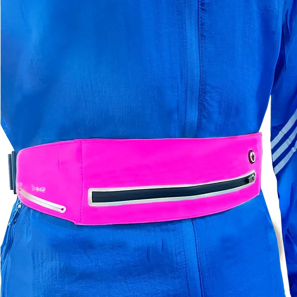Bright pink waterproof running belt with a reflective zipper pocket and adjustable strap for fitness and anti-theft use