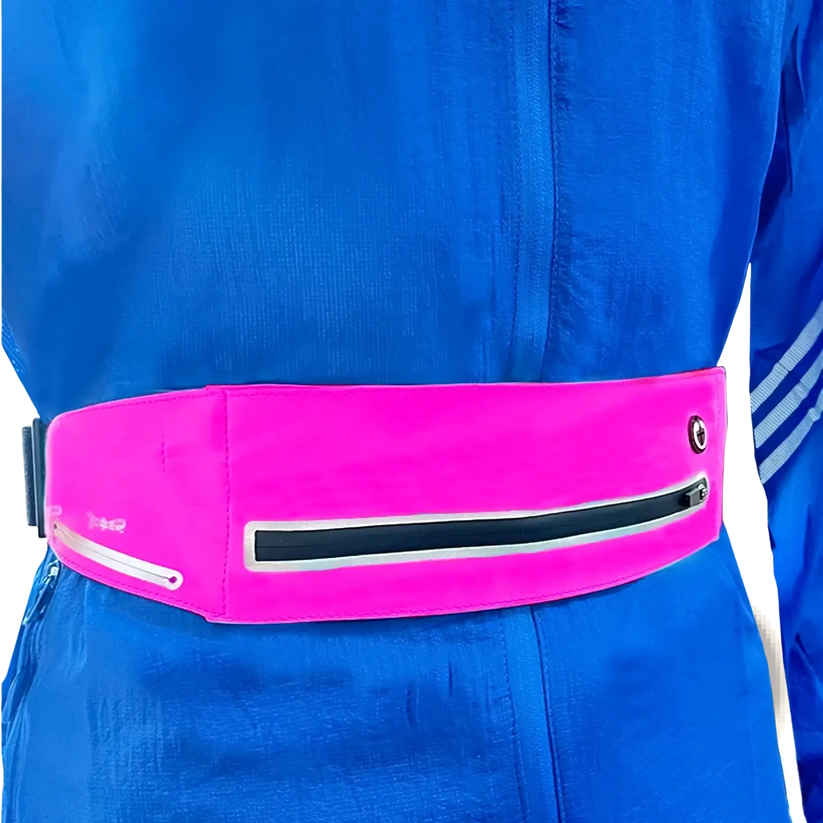 Bright pink waterproof running belt with a reflective zipper pocket and adjustable strap for fitness and anti-theft use