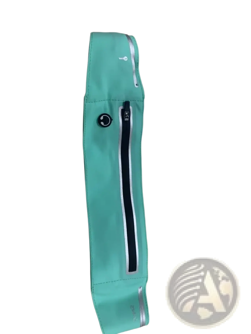 A teal waterproof running belt with a black zipper and reflective silver strips for anti-theft fitness use