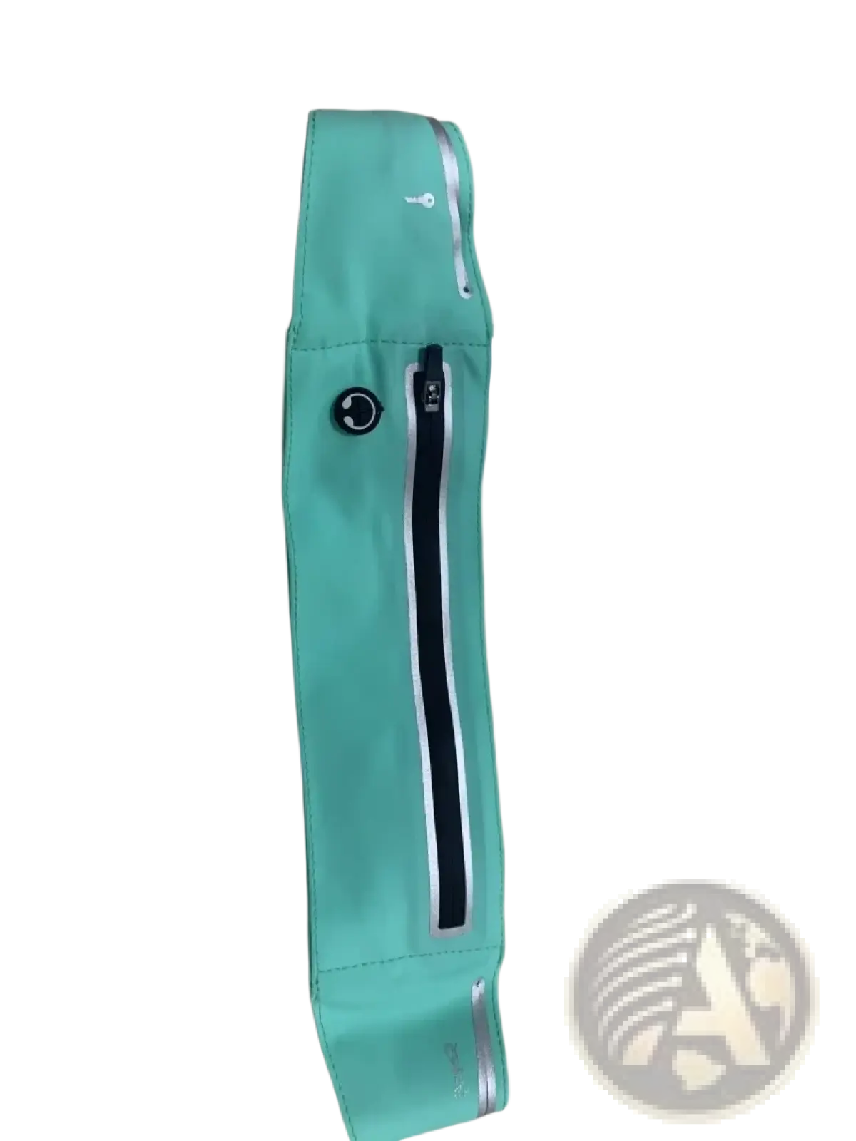 A teal waterproof running belt with a black zipper and reflective silver strips for anti-theft fitness use