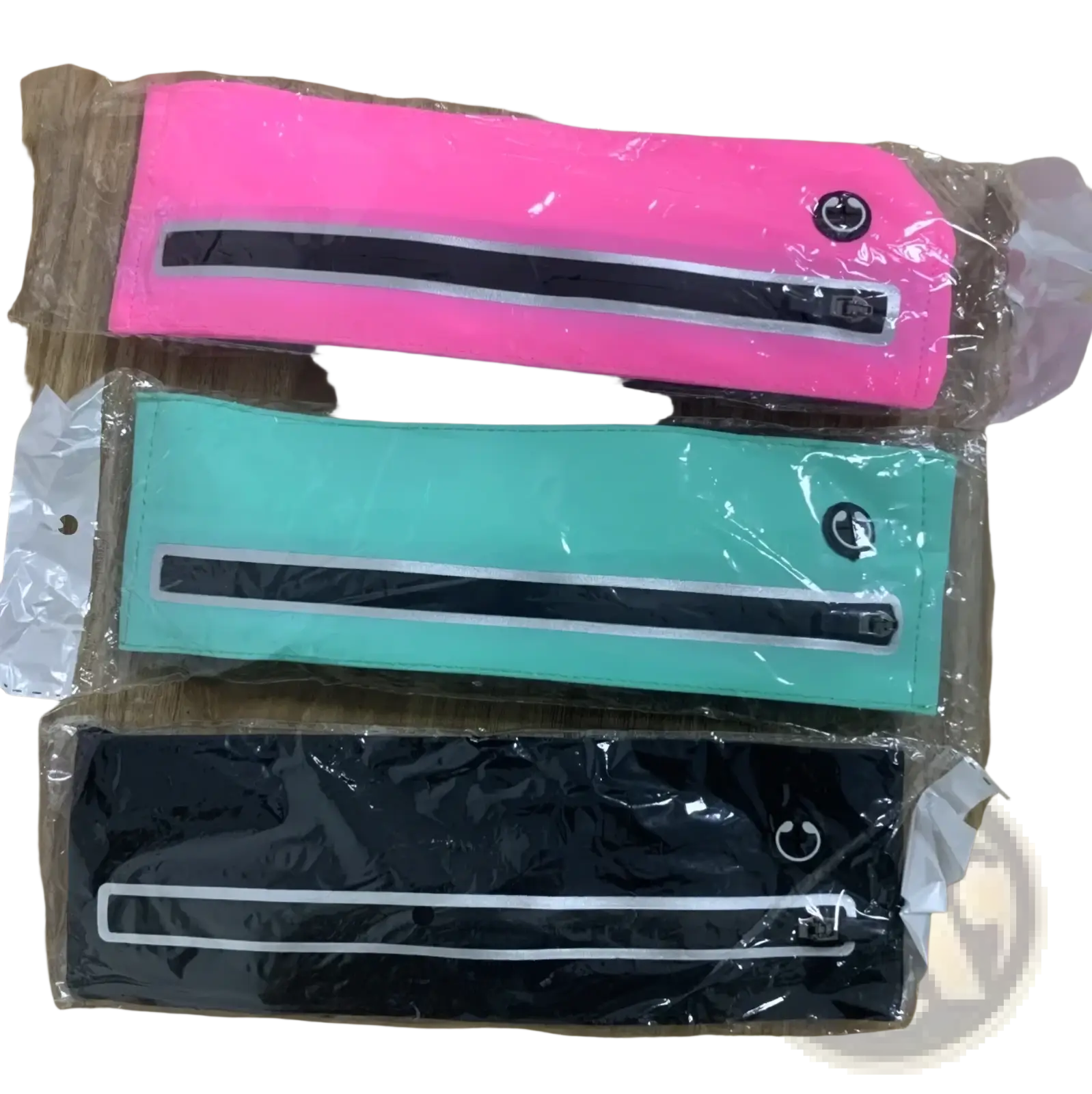 Waterproof running belt anti-theft fitness pouch with three reflective armbands in pink teal and black with zipper closures