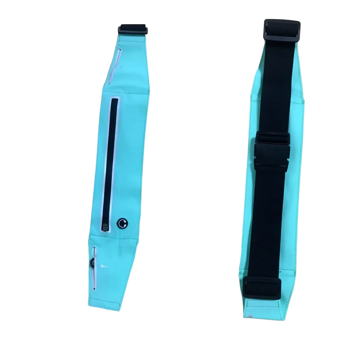 A turquoise waterproof running belt with black adjustable straps and a front zippered pocket for fitness use