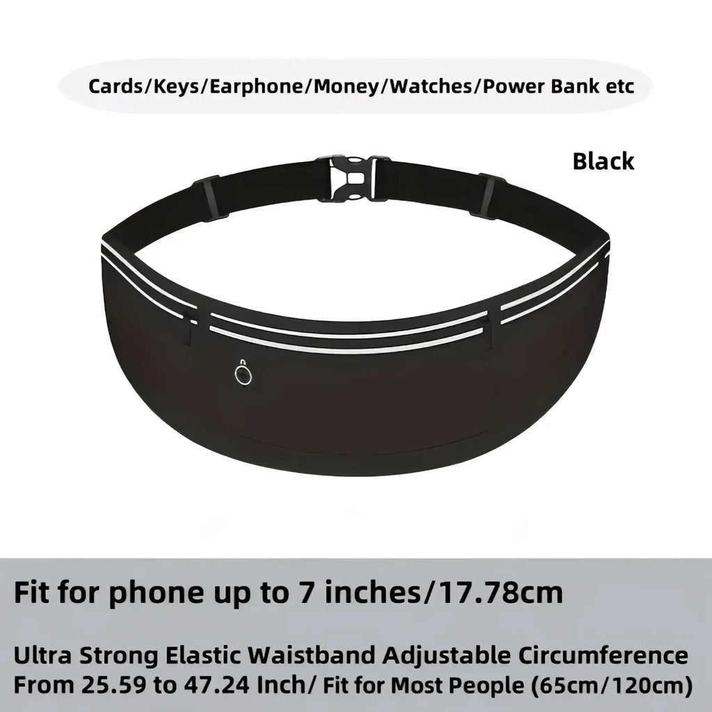 Black waterproof running belt phone pouch with reflective white stripes and front zippered pocket for athletics