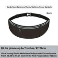 Black waterproof running belt phone pouch with reflective white stripes and front zippered pocket for athletics