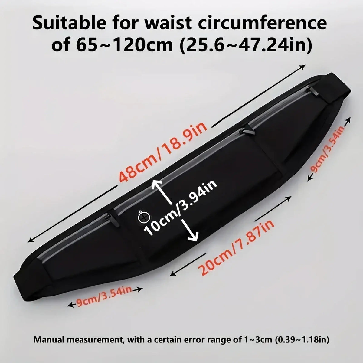 Black waterproof running belt phone pouch with multiple zippered compartments and a sleek streamlined design