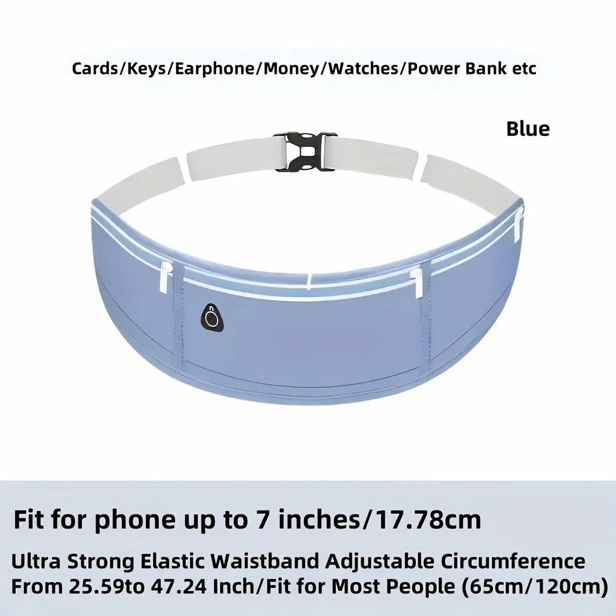 Light blue waterproof running belt phone pouch with elastic waistband, multiple pockets, and black buckle for essentials