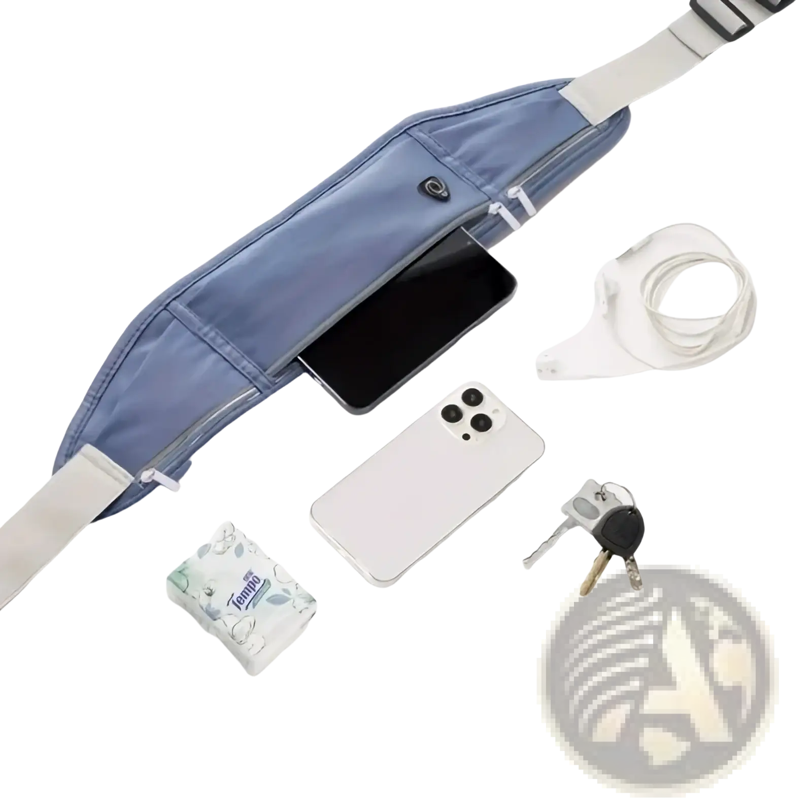 Blue waterproof running belt phone pouch with multi pockets adjustable headset strap and zipper closures
