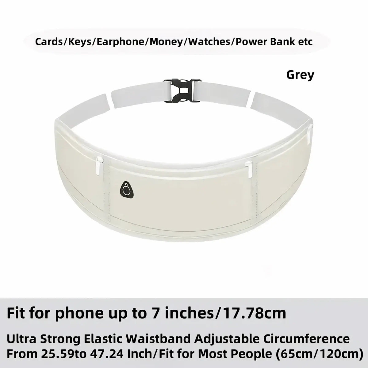 Grey waterproof running belt phone pouch with multiple compartments and black buckle for carrying cards and keys