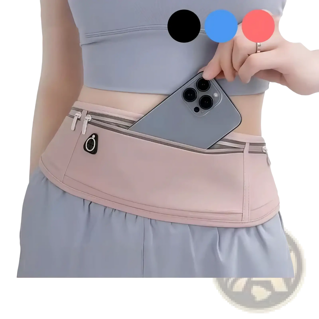 A sleek blush pink lightweight waterproof running belt phone pouch with zippered compartment and adjustable waistband