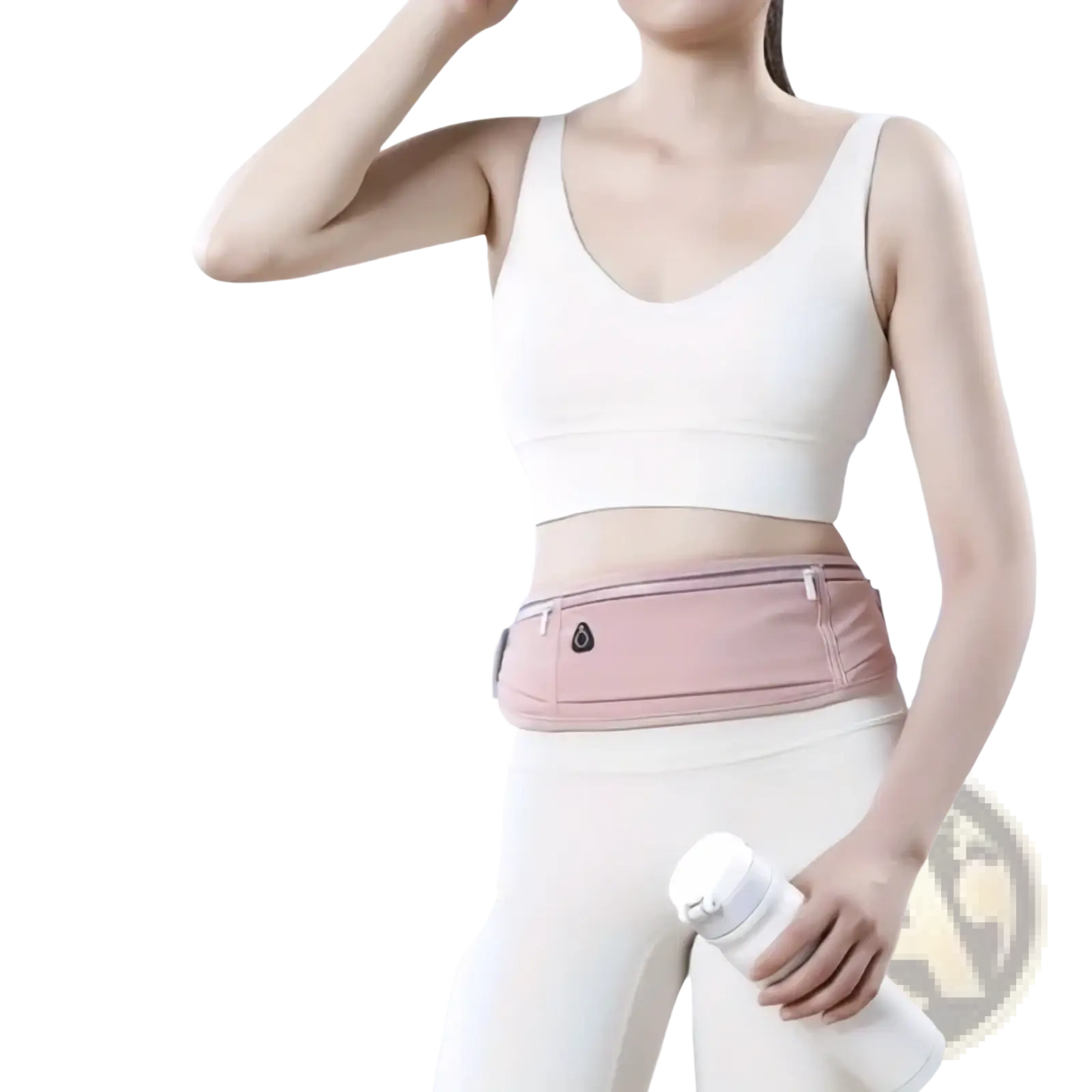 A soft pink waterproof running belt phone pouch with lightweight fabric and black zipper accents in a minimalist design