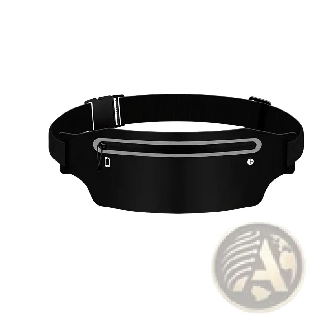Black waterproof running belt and sports fanny pack with reflective zipper pull and silver trim for athletic use