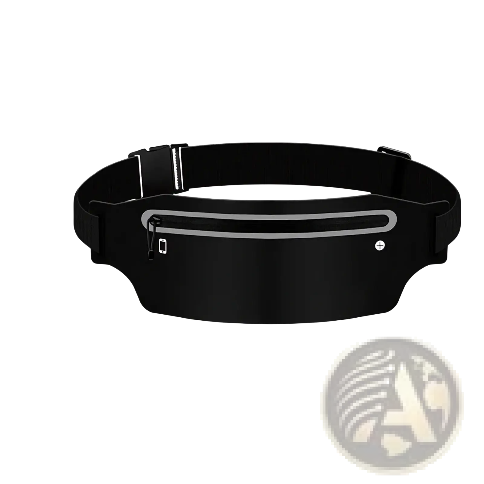 Black waterproof running belt and sports fanny pack with reflective zipper pull and silver trim for athletic use
