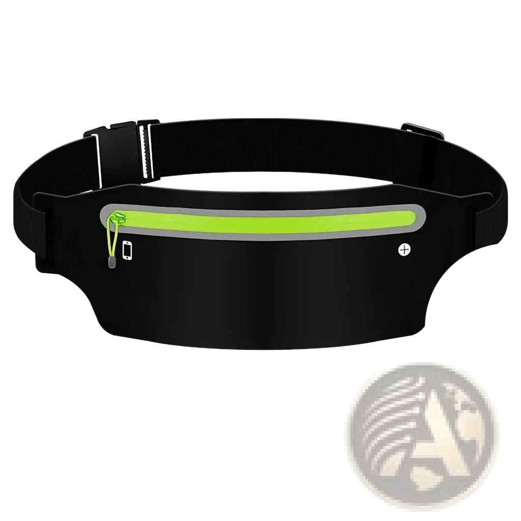 Black waterproof running belt with neon green zipper pocket and reflective strip for sports and outdoor use