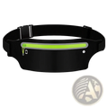 Black waterproof running belt with neon green zipper pocket and reflective strip for sports and outdoor use