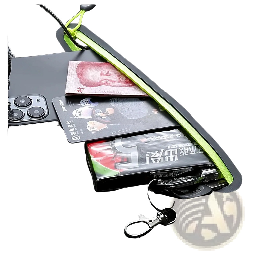 Black and neon green waterproof running belt and sports fanny pack with zippered pouch and metal clasp