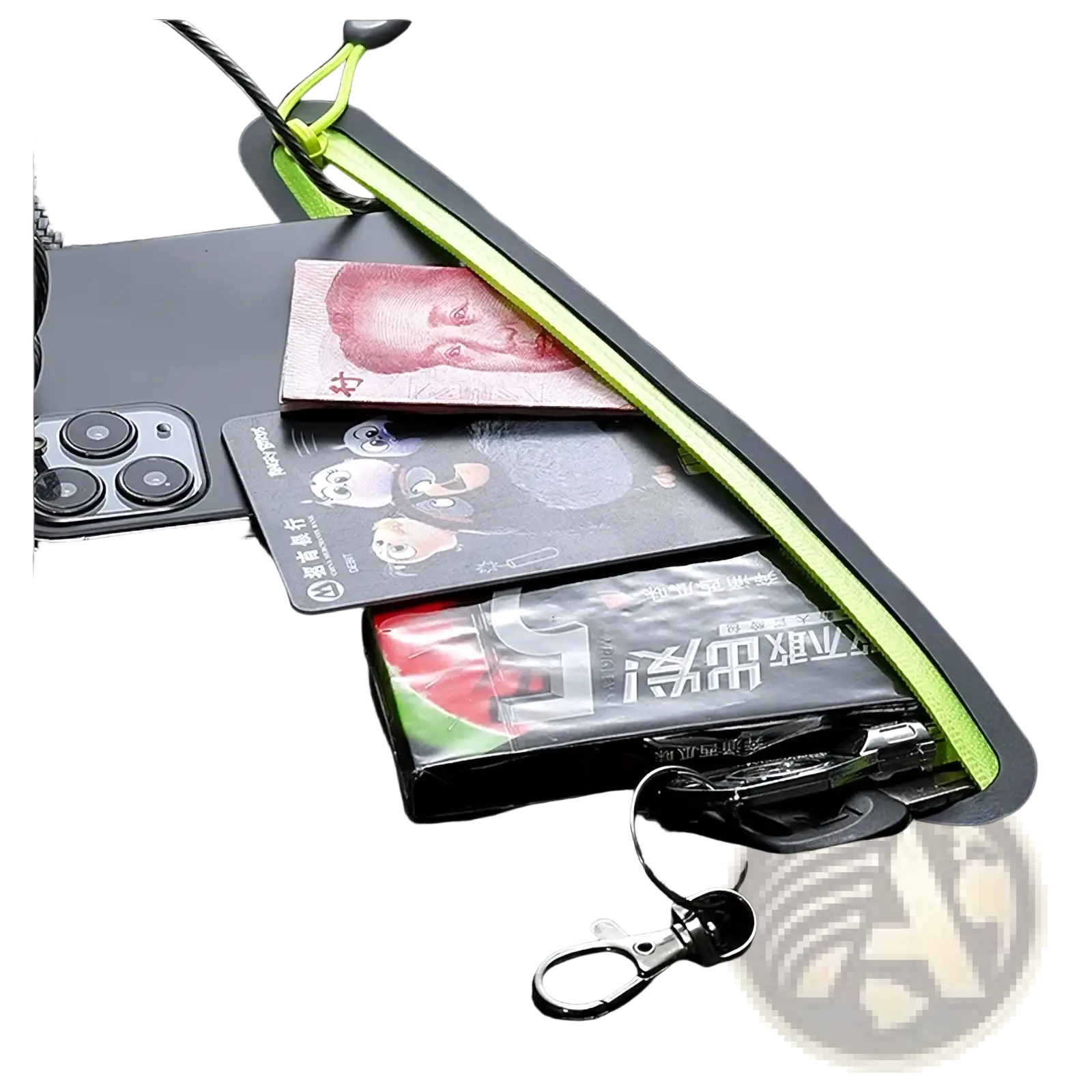 Black and neon green waterproof running belt and sports fanny pack with zippered pouch and metal clasp