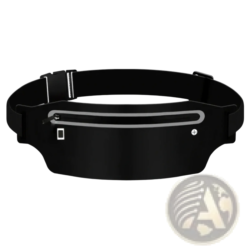 Black waterproof running belt with reflective zipper and adjustable strap for secure sports and outdoor use