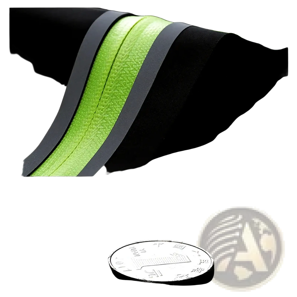 Bright neon green and black striped textured strap of waterproof running belt and sports fanny pack synthetic material