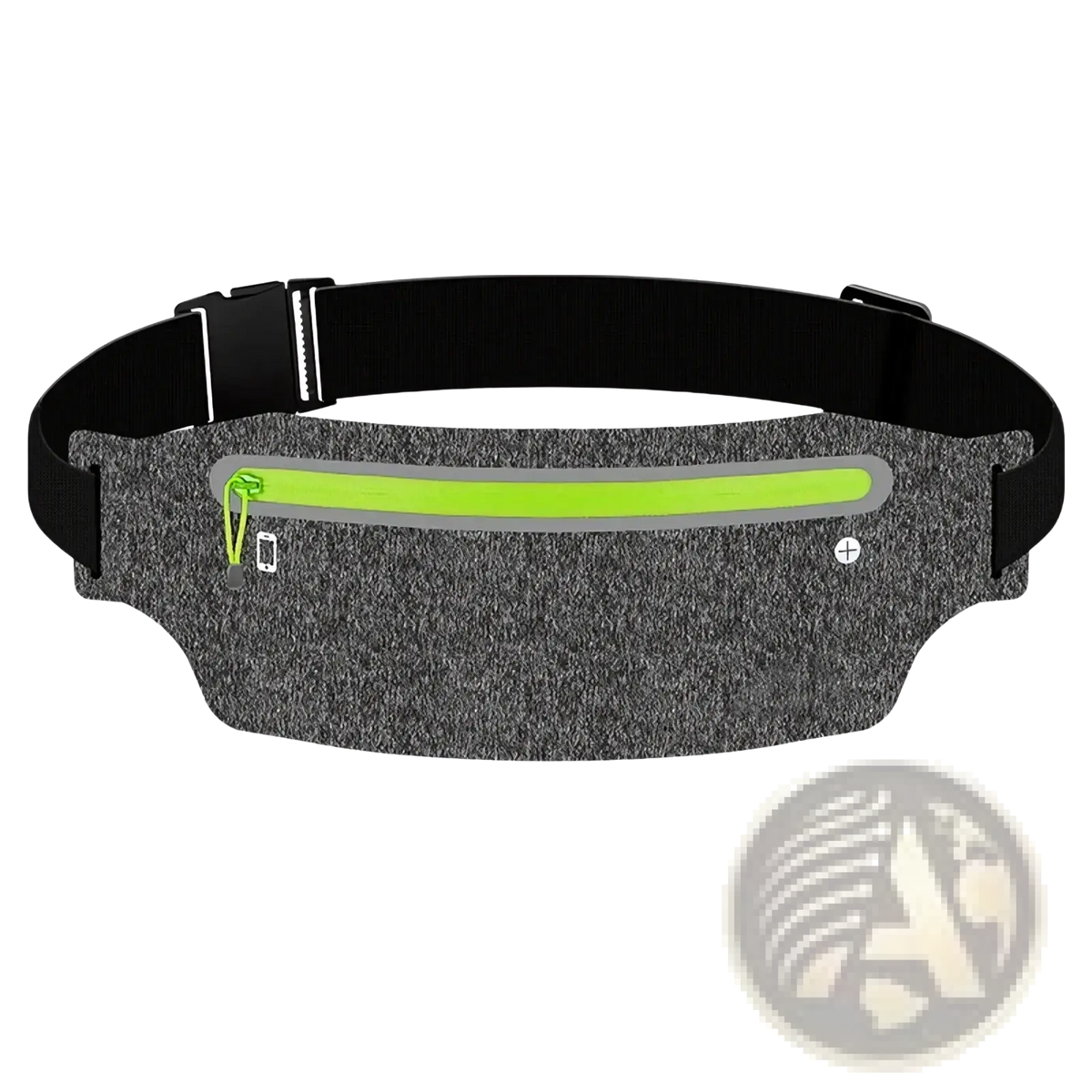 Gray textured waterproof running belt with neon green zipper and reflective strip for sports and outdoor activities
