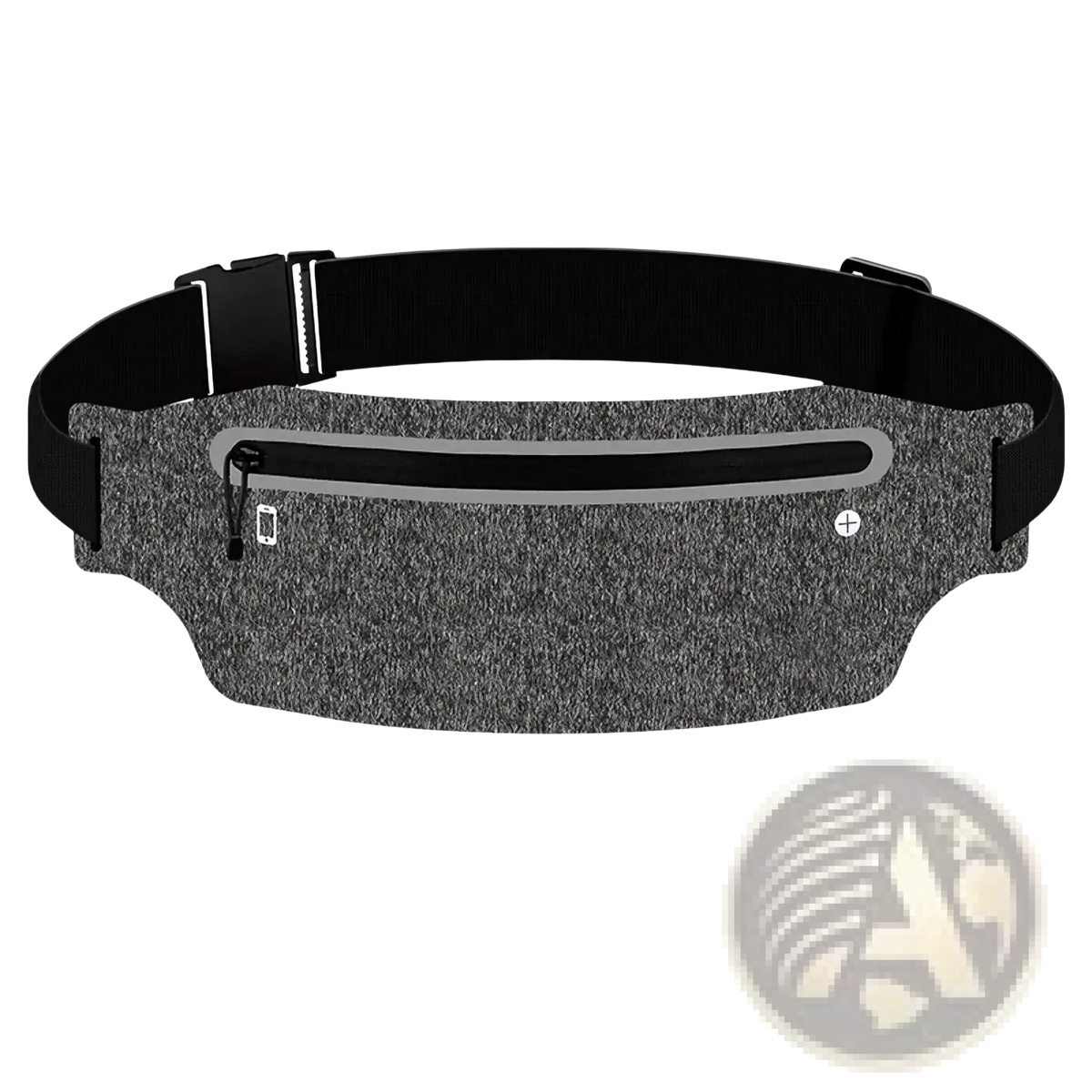 Waterproof running belt made of gray textured fabric with black adjustable strap and reflective zipper pull for sports use