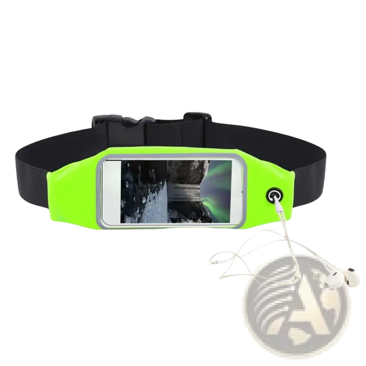 Waterproof running belt in bright neon green with a black adjustable strap clear phone pocket and earphone port