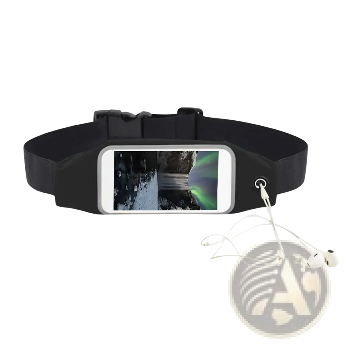 Black waterproof running belt with a sleek rectangular phone pocket securely holding and displaying an iPhone