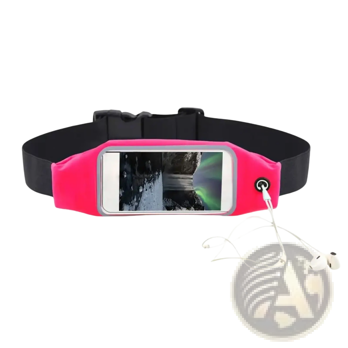 Bright pink waterproof running belt with clear touchscreen phone pocket and black adjustable strap for fanny pack use