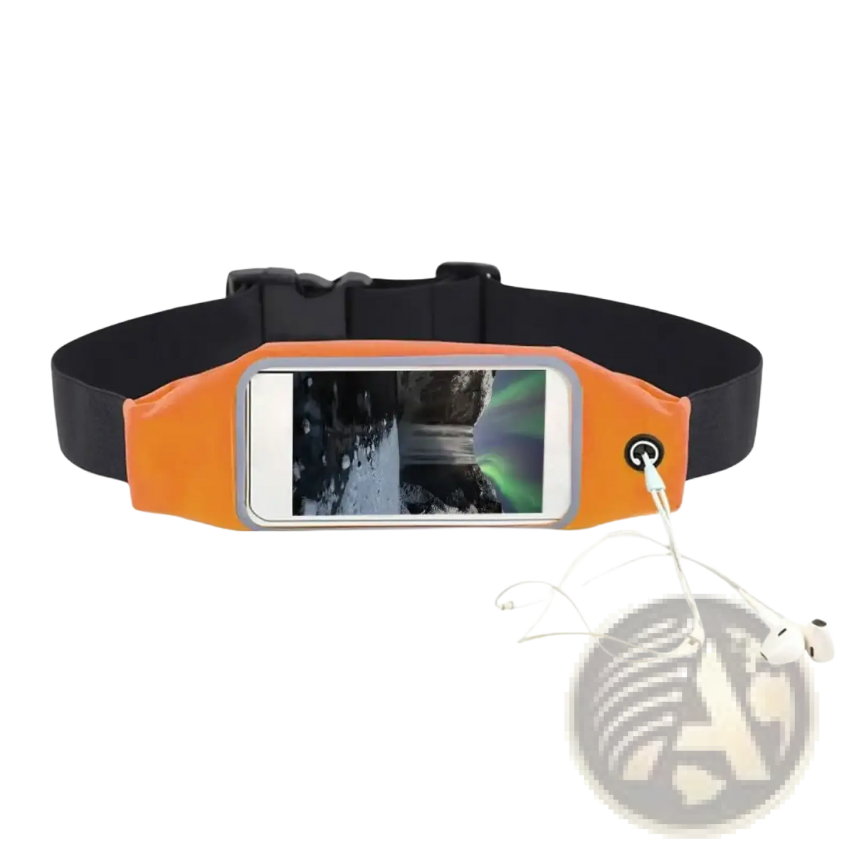 Orange waterproof running belt with black strap and silver trim pocket holding smartphone for outdoor use