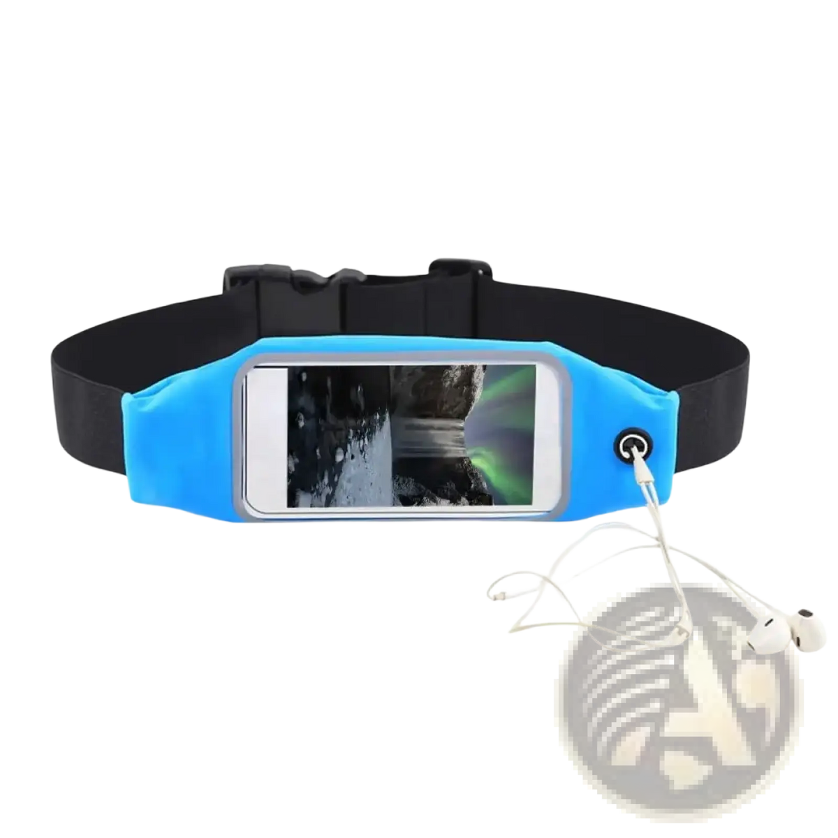 Blue silicone waterproof running belt with black adjustable strap and silver-framed pocket holding a smartphone