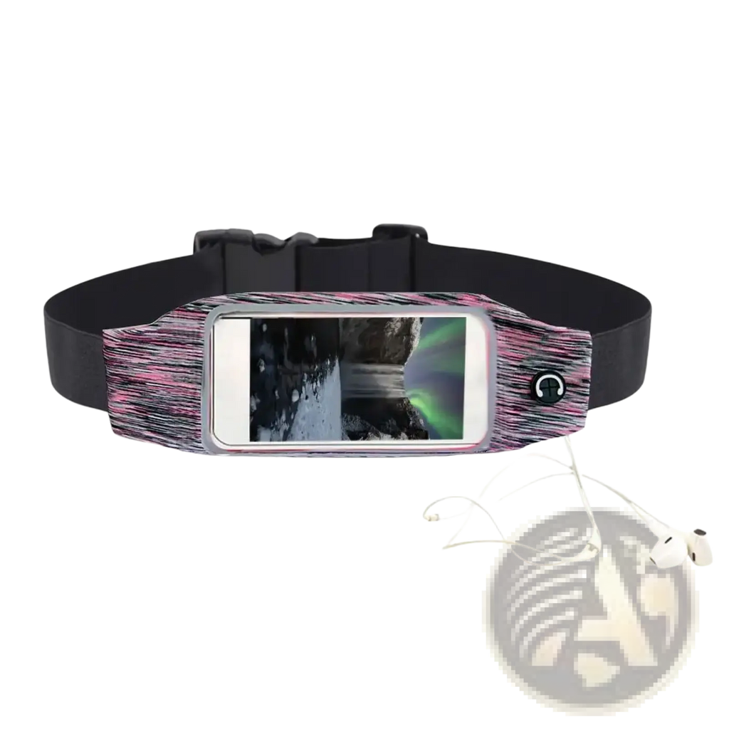 A pink and black patterned waterproof running belt with clear phone pocket holding an iPhone for touchscreen use