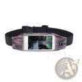 A pink and black patterned waterproof running belt with clear phone pocket holding an iPhone for touchscreen use